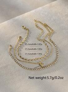 Nooxian 3pcs/Set Elegant Luxury Style Gold Rice Pearl & Rhinestone Chain Heart Pendant Layering Bracelets For Women