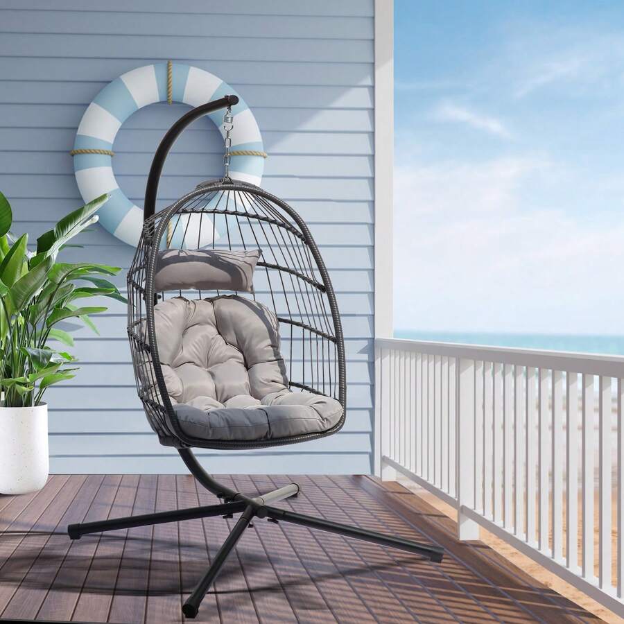 Foldable Hanging Egg Chair Swing Chair With Stand - Grey - View 1
