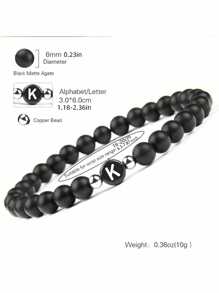 Brazalete de cuentas de piedra negra esmerilada de 6 mm Pulsera con 26 letras iniciales del nombre con cuerda elástica para regalos de pareja, amistad y familia