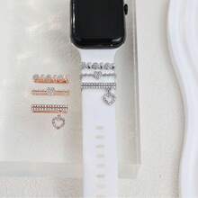1 Set Women's Heart-Shaped Crystal Zinc Alloy Decorative Rings, Smart Watch Accessories, Compatible With Apple Silicone Watch Bands 38mm, 40mm, 41mm, 42mm, 44mm, 45mm, 49mm - Silver - View 8