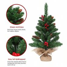 1 pieza Árbol de Navidad mini de 60cm, colocación sobre mesa, decoración de bayas rojas y piñas, base de cemento y envoltura de arpillera, material PVC realista, estilo retro natural, forma cónica, resistente, adecuado para Navidad en el hogar, sala de estar, escritorio de oficina y decoración navideña del hogar, decoración de habitación, decoración de invierno