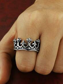 1 pieza Anillo de corona de acero inoxidable personalizado vintage, accesorio de moda para hombres - Plateado - Ver 2
