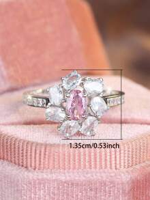 1pc Elegant Shiny 925 Sterling Silver Egg-Shaped Pink Zirconia Flower Design Ring, Bridal Engagement Wedding Anniversary Gift, Birthstone Ring, Fine Jewelry - Pink - View 5