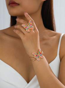Designer Fashion Vintage Colorful Enamel Butterfly Decorated Pendant, Bracelet, Ring, Earring, Arm Band Jewelry Set, Suitable For Women Beach Vacation Wear, Excellent Gift Choice For Festivals