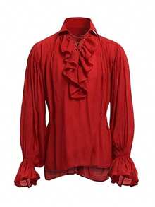 Retro Men's Shirt, Ruffle Lace Up V Neck Long Sleeve Solid Color Cosplay Prince Drama Stage Costume - Red - View 4