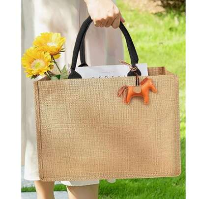 1pc Fashionable Jute Storage Bag, Reusable Canvas Tote Bag, Handmade Bag, Large Capacity Shopping Bag, Storage Bag, Beach Bag, Travel Bag, Shoulder Bag