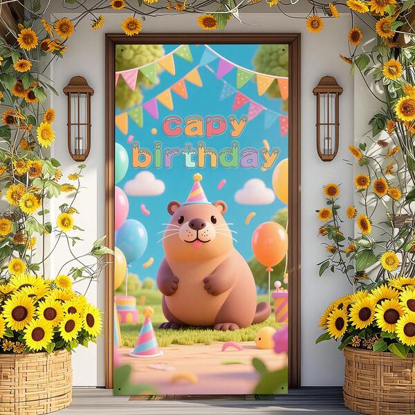 1pc (35*70 Inch/90*180 Cm), Polyester Material, Birthday Themed Doorway Banner - Home Decoration Banner, Cartoon Capybara Animation Design, Electricity-Free, Suitable For Yard, Room Birthday Party Decor