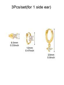 Set de 3 Pares de Aretes para Mujeres, Chapados en Oro con Zirconia, Trébol de Cuatro Hojas, Elegantes, Aretes de Aro y Colgantes, Accesorios de Joyería para Bodas - 3 piezas/juego (para 1 oreja lateral) - Ver 4