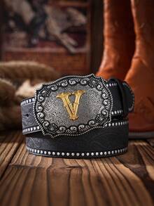 1条波西米亚西部牛仔风格字母压纹金属扣复古黑色PU腰带，适合夏季、学校休闲、商务场合，可作为男友、丈夫、父亲、男士礼物，日常穿着，时尚百搭，适合青少年、户外、度假、运动、旅行、街头、波西米亚风、复古秋季、万圣节秋冬配饰，适合青少年、青年、男士，休闲、户外、运动、度假、毕业礼物、生日礼物、日常穿着 - 黑色 - 查看 15