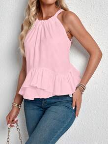 Women Casual Solid Color Ruffle Halter Neck Sleeveless Top, Summer - Baby Pink - View 6