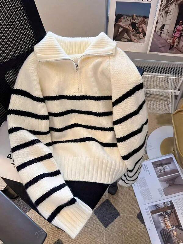 New Fall Clothes For Women, Casual Striped Contrast Color Lapel Long Sleeve Knit Sweater Top, Back To School