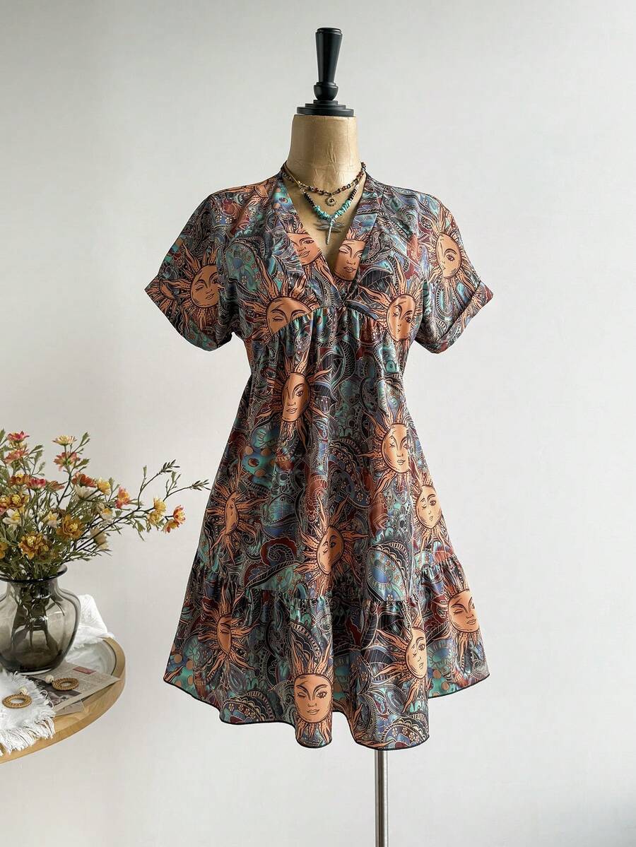 Rusttydustty Women's Retro Print V-Neck Loose Short Dress - Green - View 1