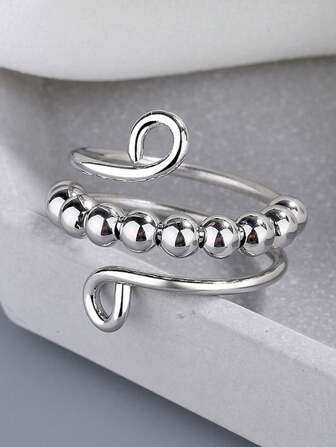 1pc Stainless Steel Rotating Fidget Anxiety Relief Adjustable Ring, Creative Anxiety Pearl Anti-Restless Ring, Jewelry Gift For Women