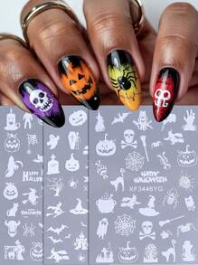 3 pezzi Adesivi per unghie autoadesivi con design luminosi di cartoni animati per Ognissanti, motivi di zucca, fantasma, teschio, ragnatela, pipistrello, gatto nero e ragno, decorazioni per manicure e unghie per le festivit