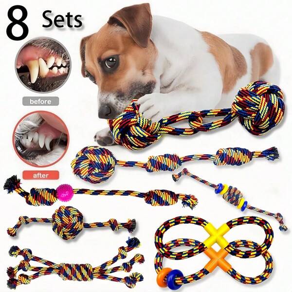 Pet Chew Toys, Including Knots And Silicone Toys For Pet Interaction, Grinding And Teeth Cleaning. Chew Chew Chew Toy For Small And Medium Sized Cats And Dogs Pet Toy Set 8 Pieces