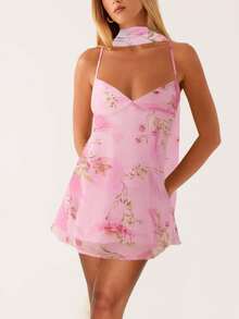 Women Y2K Floral Mini Dress With Choker Scarf Spaghtti Strap V-Neck Low Cut Mesh Bodycon Short Dresses Summer Backless Sleeveless Going Out Cami Dress Beach Vacation Party Club Cute Sundress - 彩色 - 查看 1