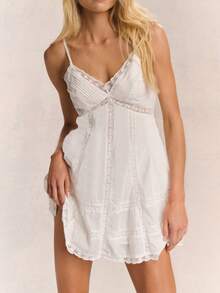 Women Y2k Lace Pachwork Mini Dress Stylish Smocked V Neck Spaghetti Strap A Line Dress For Summer Vacation Dress Swing Dress Casual Streetwear - trắng - Xem 1