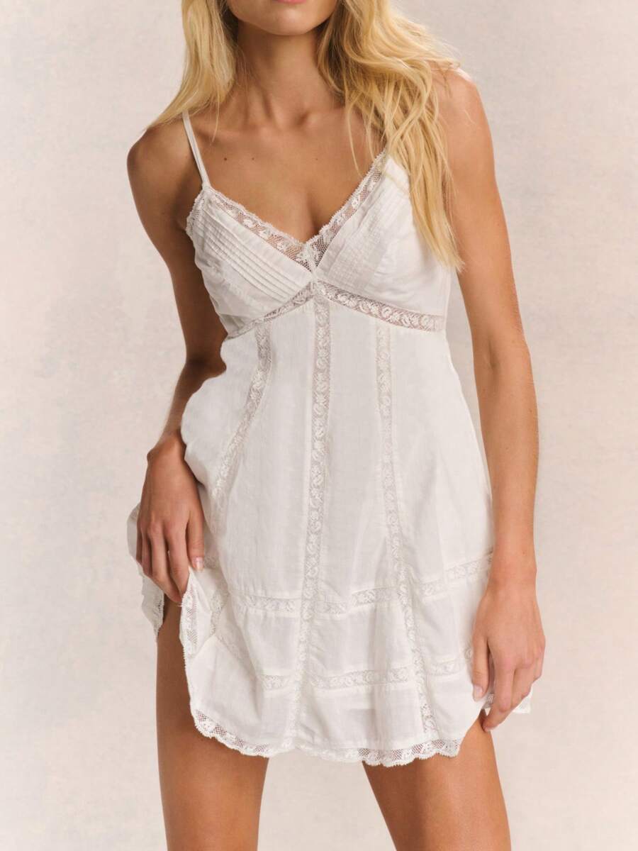 Women Y2k Lace Pachwork Mini Dress Stylish Smocked V Neck Spaghetti Strap A Line Dress For Summer Vacation Dress Swing Dress Casual Streetwear - trắng - Xem 1