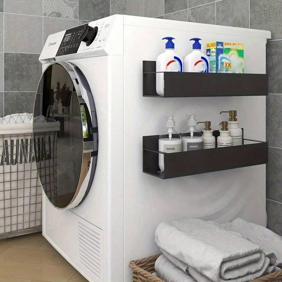 1/2pcs Set Magnetic Side Storage Rack, Suitable For Refrigerator And Washing Machine - No Drilling Required, Fashionable Black Metal Face, Wall-Mounted Spice Organizer, Perfect For Laundry Essentials