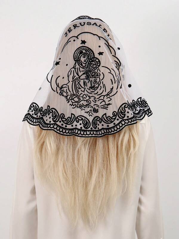 1pc Women's Elegant Solid Color Virgin Mary Embroidered Lace Triangular Scarf Shawl, Breathable Casual Headscarf/Neckerchief For Summer Daily Wear