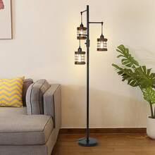Dimmable Floor Lamps For Living Room, 3-Light Industrial Floor Lamp With Wood & Metal Cage, Farmhouse Standing Lamp Tall Tree Lamp For Bedroom Office, Rustic Black Tall Floor Lamp For Corner - 美規A型插(110-127V) - 查看 7