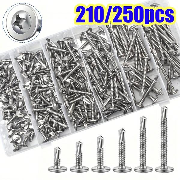 210/250 piezas Tornillos autorroscantes de acero inoxidable M4.2 de cabeza plana grande - Tornillos de perforación con arandela de cabeza redonda, serie 410