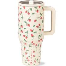 hydrojug Original Traveler - 32oz 40oz Water Bottle With Handle & Flip Straw - Fits In Cup Holder, Leak Resistant Tumbler-Reusable Insulated Stainless Steel & Rubber Base - Gifts For Women & Men, - Cream Strawberry - 查看 2