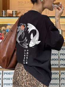 Áo thun nữ tay ngắn cổ tròn in hình cá chép, kiểu dáng thường ngày, thời trang và đa năng, màu đen, thích hợp mặc mùa hè. - màu đen - Xem 3