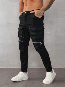 Pantalones cargo negros para hombre, tela transpirable y cómoda, ideales para estilos casuales urbanos - Negro - Ver 1