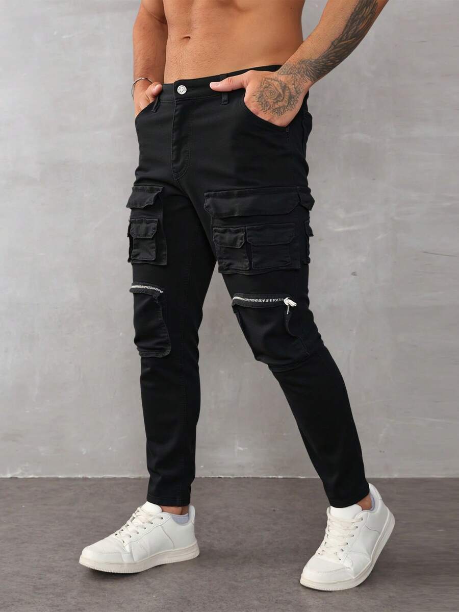 Pantalones cargo negros para hombre, tela transpirable y cómoda, ideales para estilos casuales urbanos - Negro - Ver 1