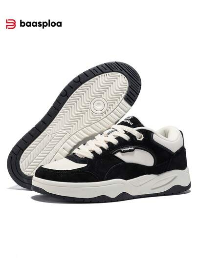 baasploa 1 Pair Women's Casual Thick Sole Sneakers, Solid Color Patchwork Walking Shoes, Retro Fashion Comfortable Lightweight Flat Non-Slip Casual White Shoes, Student Breathable Brand Sports Shoes