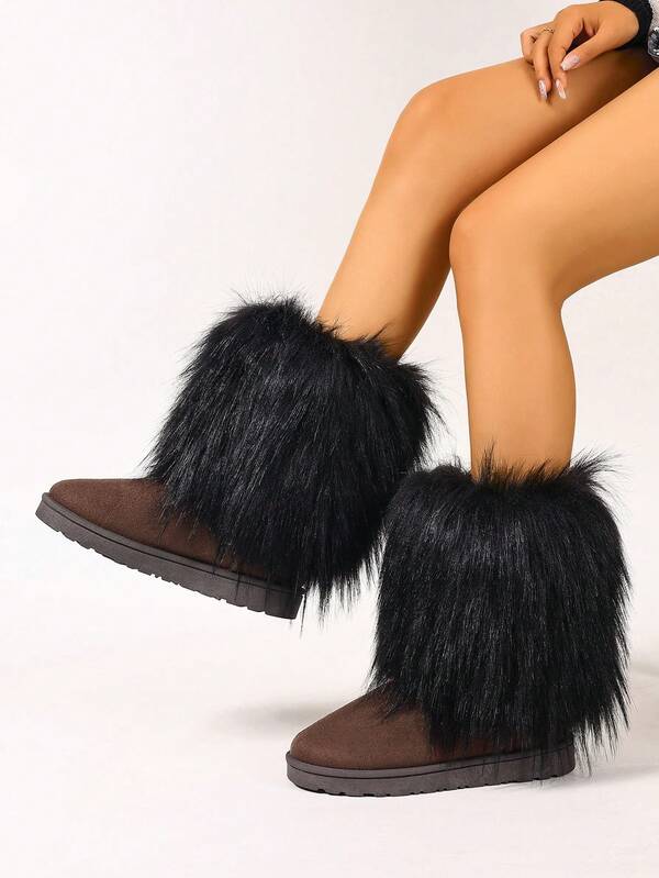 Women Faux Fur Boots, Solid Color Cute Y2K Fabric Faux Fur Patchwork Girl Fashion Boots For Holiday, Party, Outdoor Wear, Spring Autumn Winter