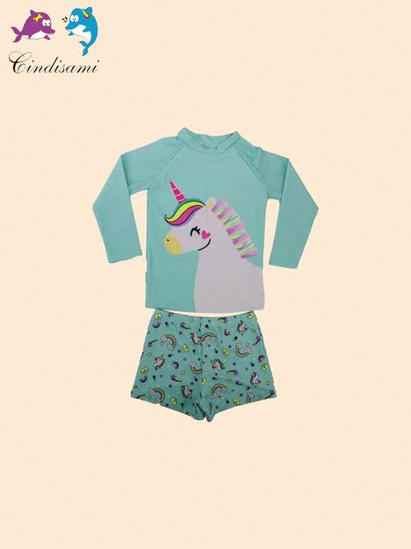 Adecuado para niñas de 4 a 10 años, ideal para el verano. Con mangas largas antirrayas, diseño adorable de unicornio, arcoíris, letras y estilo short. Tejido suave y casual - el conjunto perfecto de baño  para niñas.