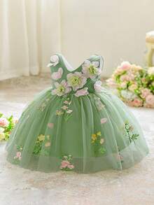 Baby Girls V-Neck 3D Floral Embroidered Mesh Princess Dress, Suitable For Party, Flower Girl, Wedding, Does Not Include Headband - 綠色 - 查看 3