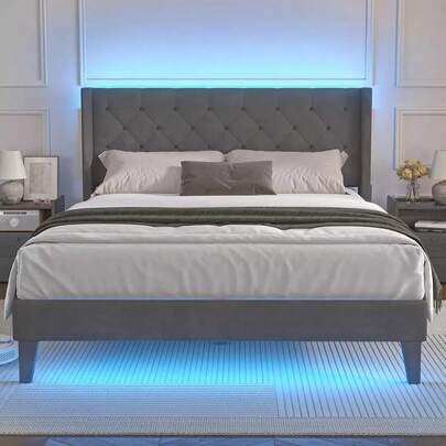 Base de Cama Matrimonial, Base Cabecera Full Size y Queen Size Estribo con Alas Copetudas, Soporte de Listones de Madera, No Necesita Somier, Gris