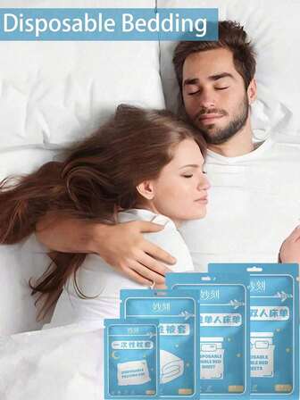 1 set jetable extra large et large de 4 pièces, blanc, drap de lit et taie d'oreiller jetables, élément de voyage propre et hygiénique, drap de lit et housse de couette