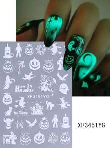 3 pezzi Adesivi per unghie autoadesivi con design luminosi di cartoni animati per Ognissanti, motivi di zucca, fantasma, teschio, ragnatela, pipistrello, gatto nero e ragno, decorazioni per manicure e unghie per le festivit