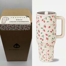 hydrojug Original Traveler - 32oz 40oz Water Bottle With Handle & Flip Straw - Fits In Cup Holder, Leak Resistant Tumbler-Reusable Insulated Stainless Steel & Rubber Base - Gifts For Women & Men, - Cream Strawberry - 查看 7