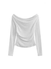 Elegant Off-Shoulder Loose Collar Long Sleeve T-Shirt For Women, Slim Fit, New Arrival Early Autumn Korean Style
