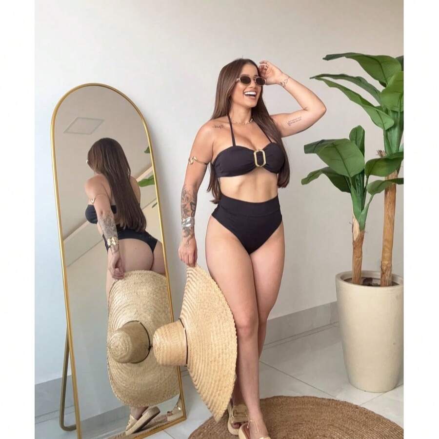 Women's Two Piece Set Halter Bikini Swimsuit With Contrast Colors And High Waist, Suitable For Summer Beach Vacation - 黑色的 - 查看 1