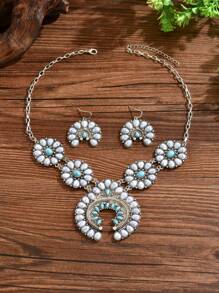 3pcs/Set Boho Style Turquoise Flower Design Alloy Necklace And Earrings Set, Suitable For Women Party Wear