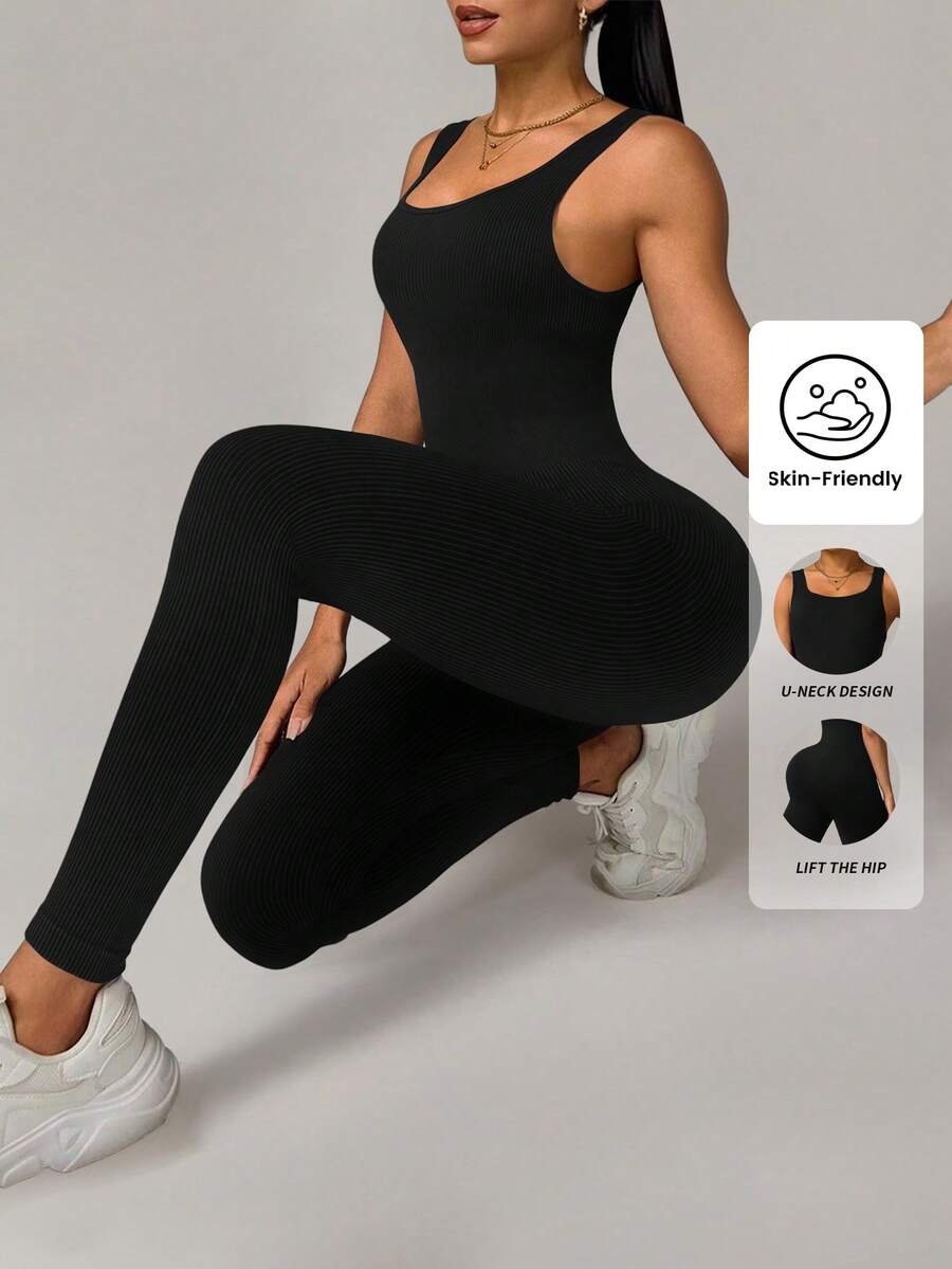 Yefecy 一件纯色连体裤 高弹力跑步健身运动服 无缝瑜伽运动连体裤 黑色