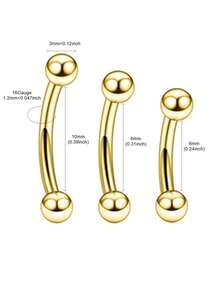 3 件金色不锈钢 16G 弧形杠铃眉环、耳环、唇环适合男女日常佩戴 - 金色 - 查看 2