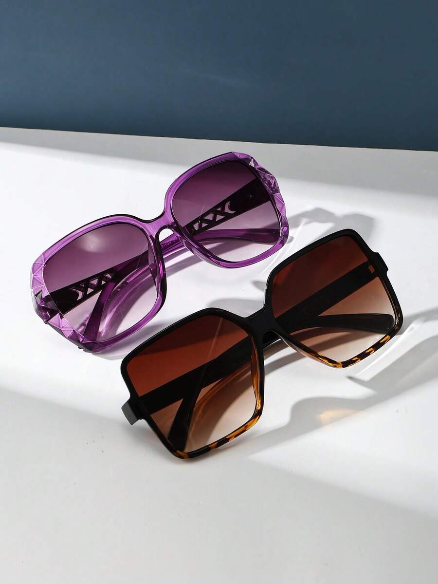 2pcs Retro Square Large Frame Fashion Eyeglasses, Plastic Classic Outdoor Travel Beach Vacation Casual Decoration Daily Wear, Summer UV Protection Unisex - 2PCS Combination Pack B - View 1