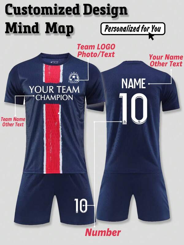 2 piezas Camiseta de fútbol personalizada para hombre - Texto personalizado, impresión de número y logotipo + pantalones cortos Conjunto de ropa deportiva para exteriores primavera/verano