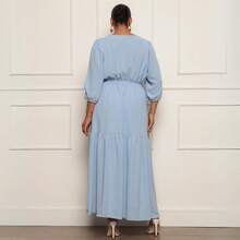 FASHION MIX PREMIUM Elegant Long Dress With Slit Long Sleeves With V-Neckline And Waist Adjustment Plus Size Women's Fits 46 To 50 - Màu xanh nhạt - Xem 6