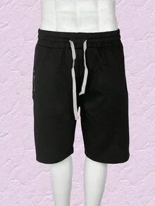 Short casual y deportivo para hombre, talle de cintura natural con cordón y ajuste de pierna suelto, bolsillos funcionales con cierre para mayor seguridad, tela de poliéster y elastano, apto para temporadas de primavera y verano, muy fresco y cómodo, ideal para hacer deporte o el uso casual. - Negro - Ver 1