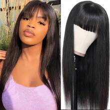 Silky Straight Human Hair Wigs With Bang Full Machine Made Wigs 8-30inch For Women Natural Color Remy Brazilian Human Hair Wigs 250% Density - Natural Black - 查看 2