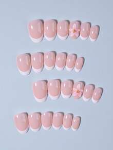 24 件/套短椭圆形白色 3D 凝胶花法式压模指甲，全贴合亚克力假指甲，包含 1 件果冻胶和 1 件指甲锉，春夏季指甲，适合女性和女孩日常工作、学习和派对使用美甲用品指甲