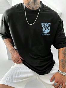 Minero de Bitcoin en la Luna, Camiseta con Estampado Gráfico 100% Algodón para Hombre, Camiseta de Manga Corta con Cuello Redondo para Verano y Primavera, Ropa Casual para Hombre - Negro - Ver 2